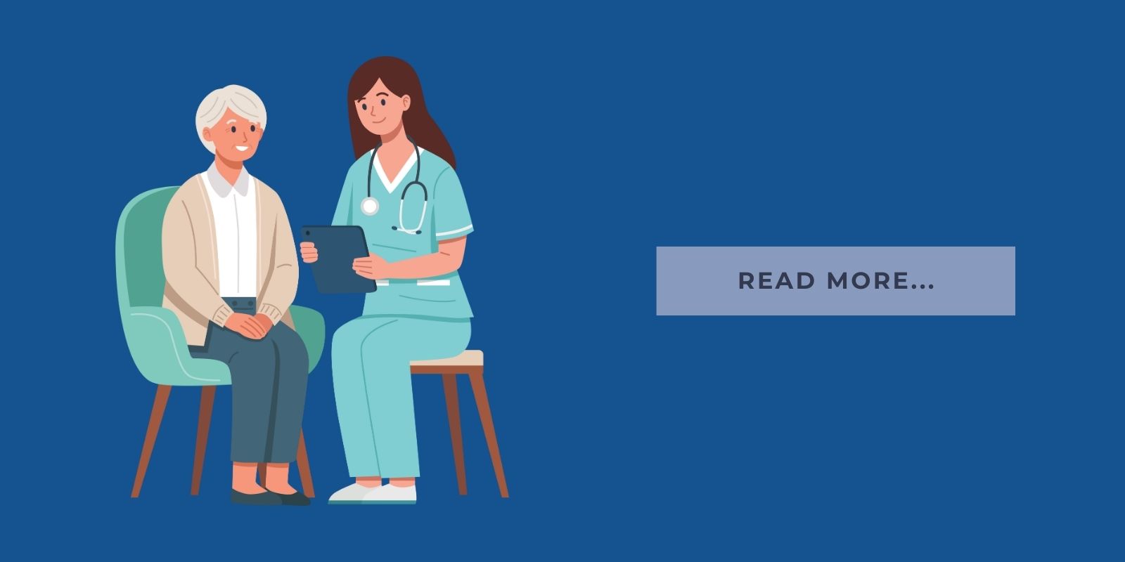 Blog Header Illustration caregiver checking up on a senior in assisted living and it says 'read more'