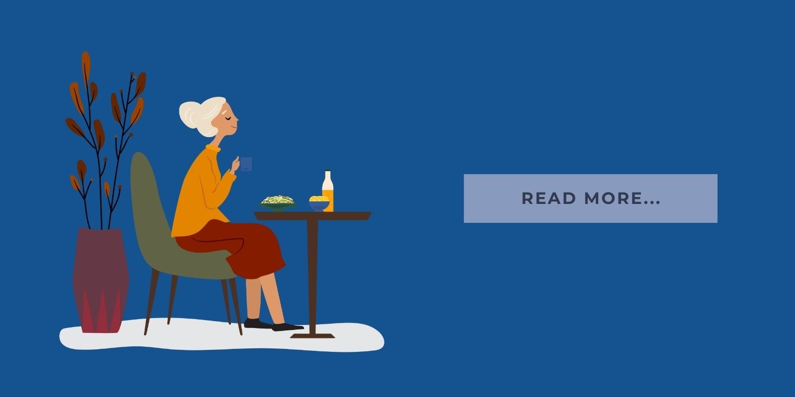 An illustration of a senior enjoying a meal with a button that says, "Read More..."